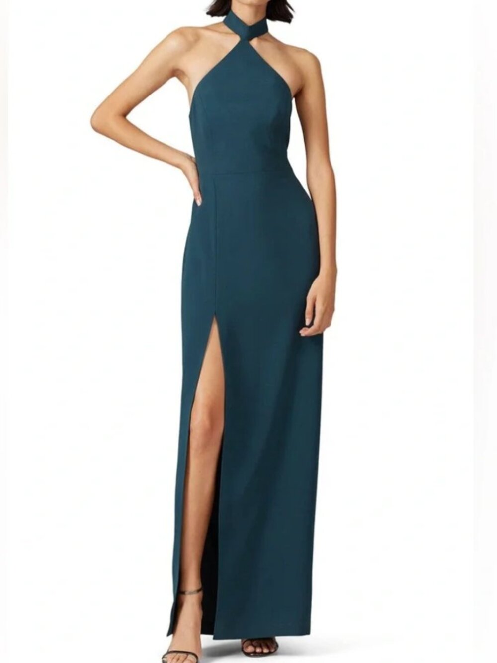 AMANDA UPRICHARD Dark Green Halter Long Gown Maxi Dress Side Slit XL $380